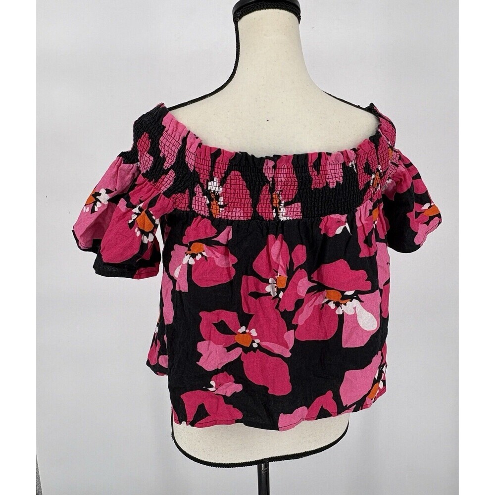 WHO WHAT WEAR Womens Off Shoulder Floral Smocked Crop Top XS Pink Black‎ - Picture 7 of 10